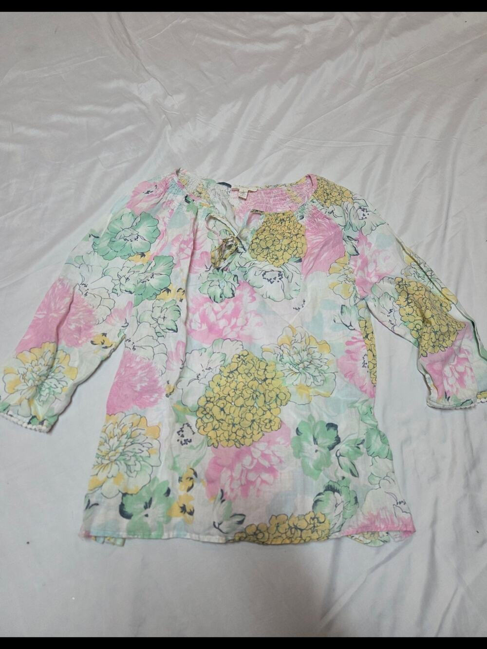 Charter Club womens Floral Tie-Neck Blouse in Pink, Yellow & Green